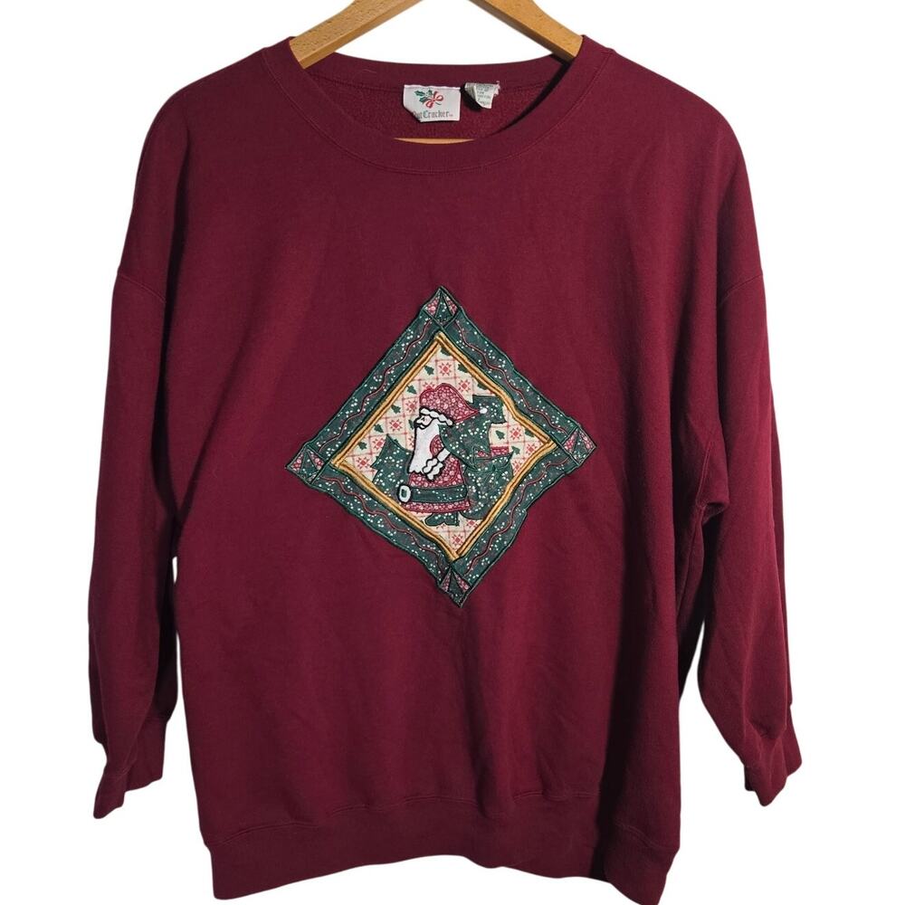 Vtg Christmas Sweatshirt Embroidery Santa Burgundy Plus 22W‎ 42 Crewneck Xmas